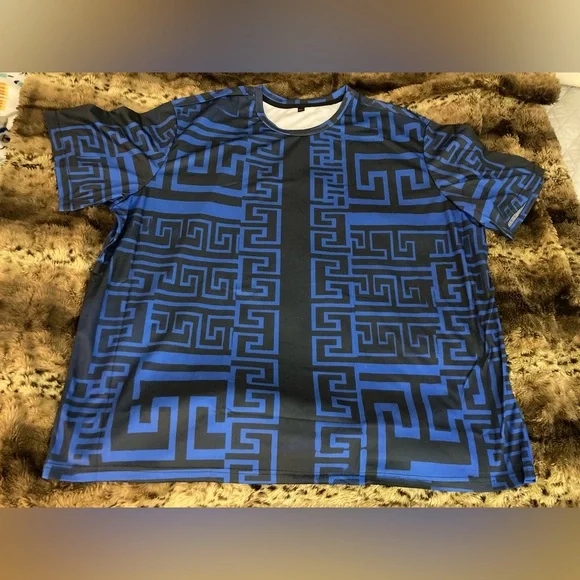 Aztec Ziggy-Zag Design Size 5XL Royal Blue/Black Tee Shirt NEW Extra Big Man Top - Picture 3 of 10